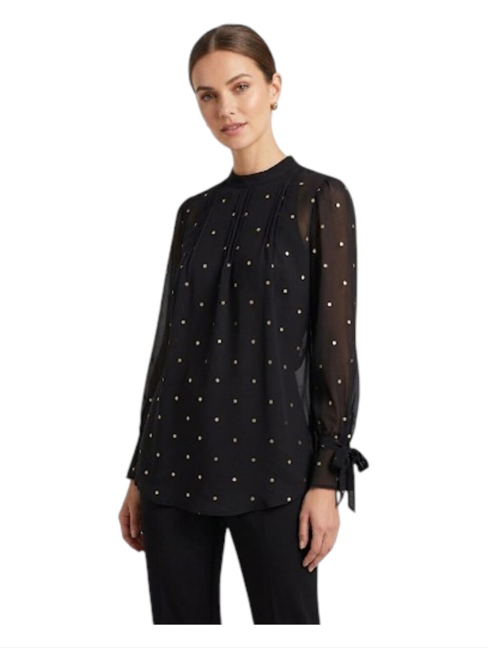 Ann Taylor Women's Sheer Black with Gold Foil Polka Dots Blouse Sz L